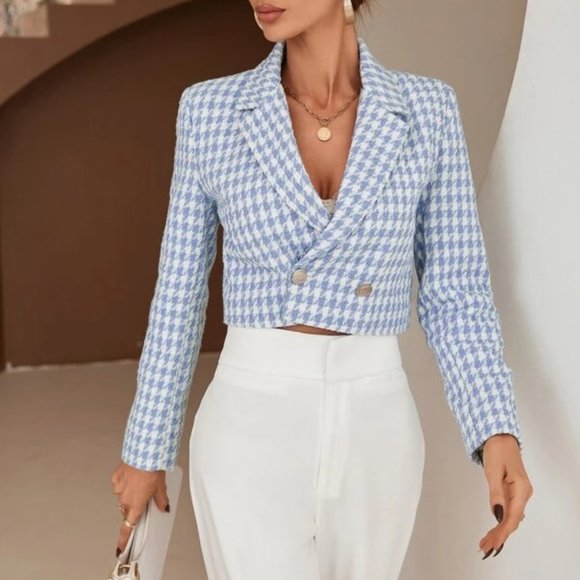 Classic Tweed Houndstooth Double Breasted Blazer Blue - Picture 5 of 6